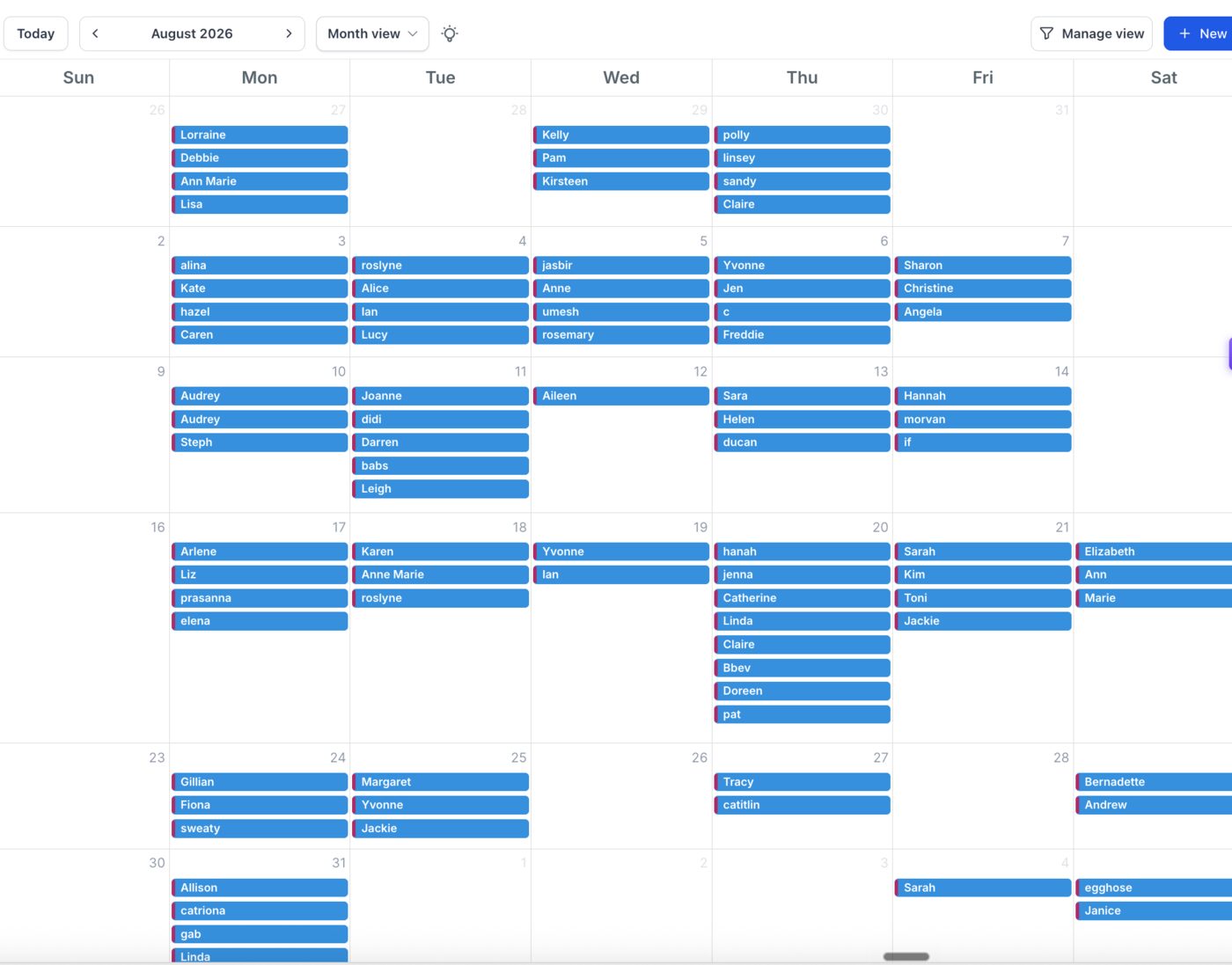 Stephen's August calendar showing 72 booked carpet cleaning jobs