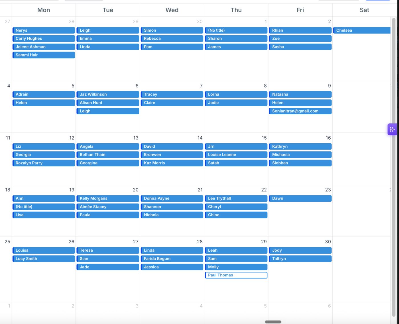 Mister Cleen calendar, a month of booked carpet cleaning jobs at three and four a day