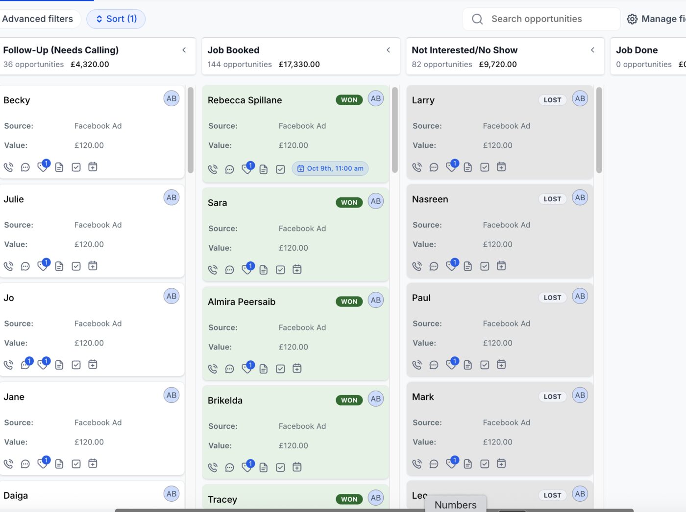 Breeze Cleaning CRM pipeline showing £17,330 of booked work